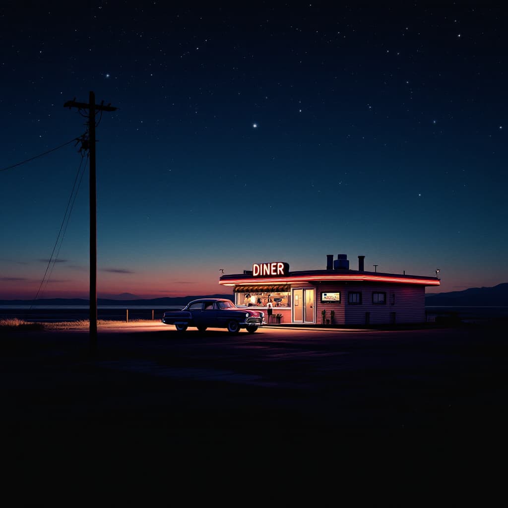 AI generated: Lonely diner at sunset, vintage car, romantic night vintage film grain clear sky with stars bright n...