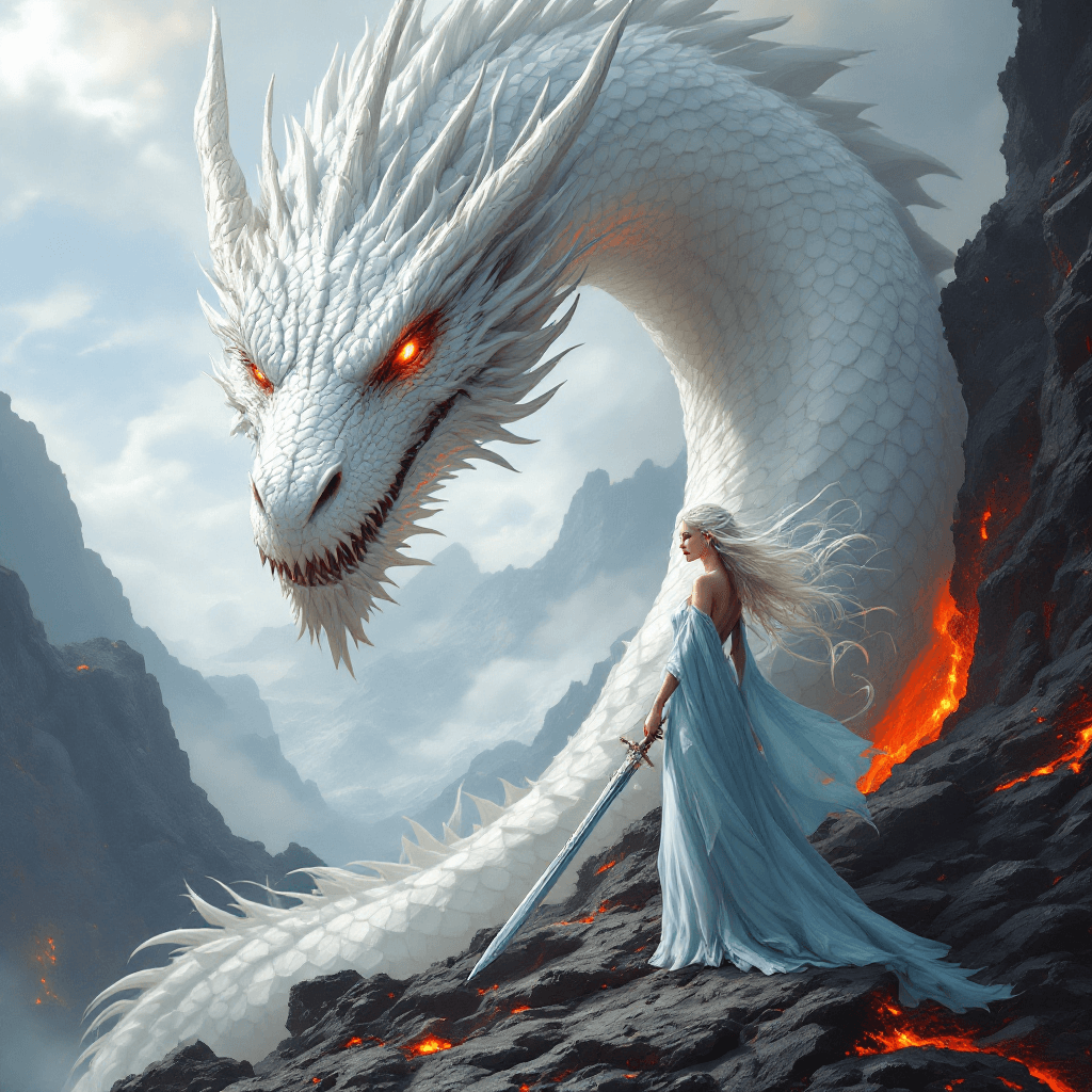 AI generated: digital fantasy realism-illustration featuring large white dragon detailed scales glowing orange-red...