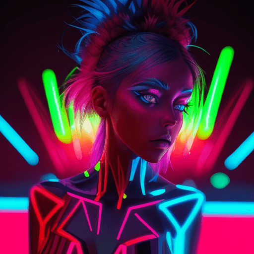 AI generated: this girl is wearing neon colored makeup, in the style of cinematic lighting, light crimson and azur...