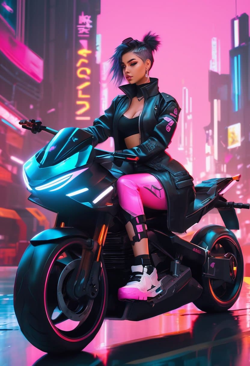 AI generated: araffe sitting on a motorcycle with a pink seat and black pants, sitting on cyberpunk motorbike, cyb...