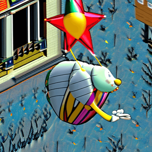 AI generated: Max from Sam & Max as a Macy's Thanksgiving Day Parade Balloon flying down the street.