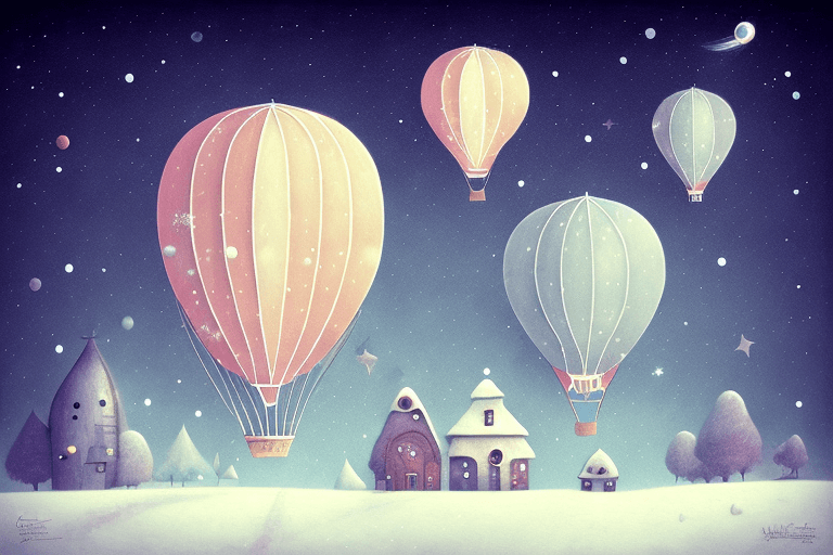 AI generated: On the left side of the image a hot air balloon, a night with stars in wintertime, in the style of G...