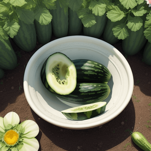 AI generated: A cucumber that is buried in a watermelon and is full of flowers in the garden where the river flows