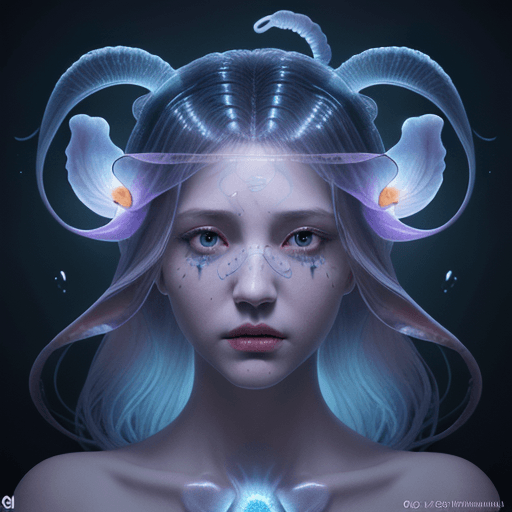 AI generated: Goddess close-up portrait ribcagel. jellyfish phoenix head, nautilus, orchid, skull, betta fish, bio...