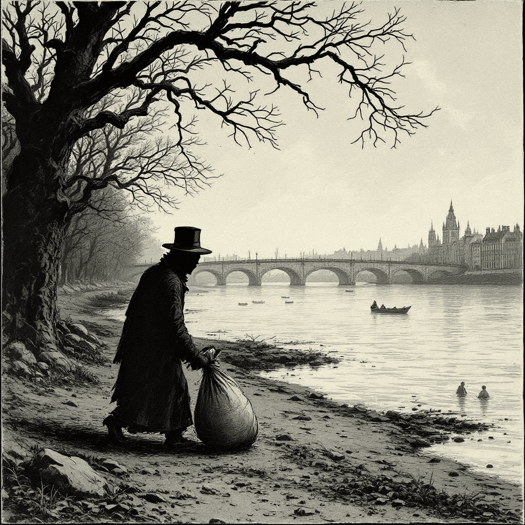 AI generated: A Victorian comic-style image of a shadowy figure dragging a sack along the Thames riverbank.