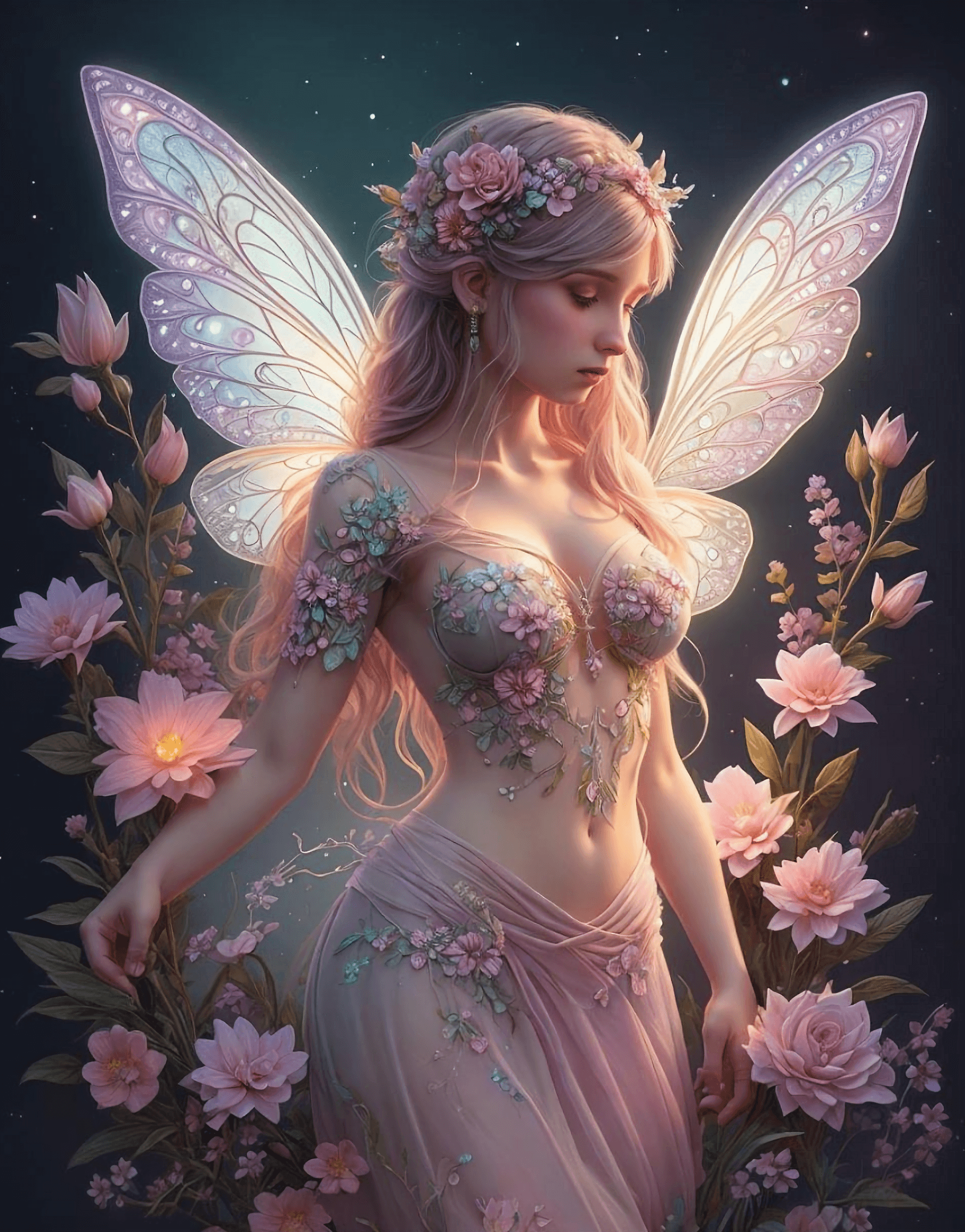 AI generated: fairy with flowers, pastel colors, extremely detailed, lights, glow, flowers