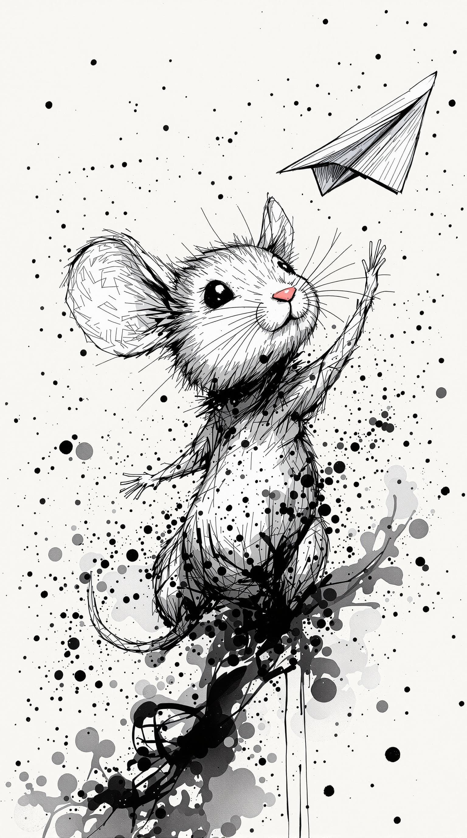 AI generated: cute Mouse with straight face flying a paper airplane, detailed,ink style,Ink splash art on the back...