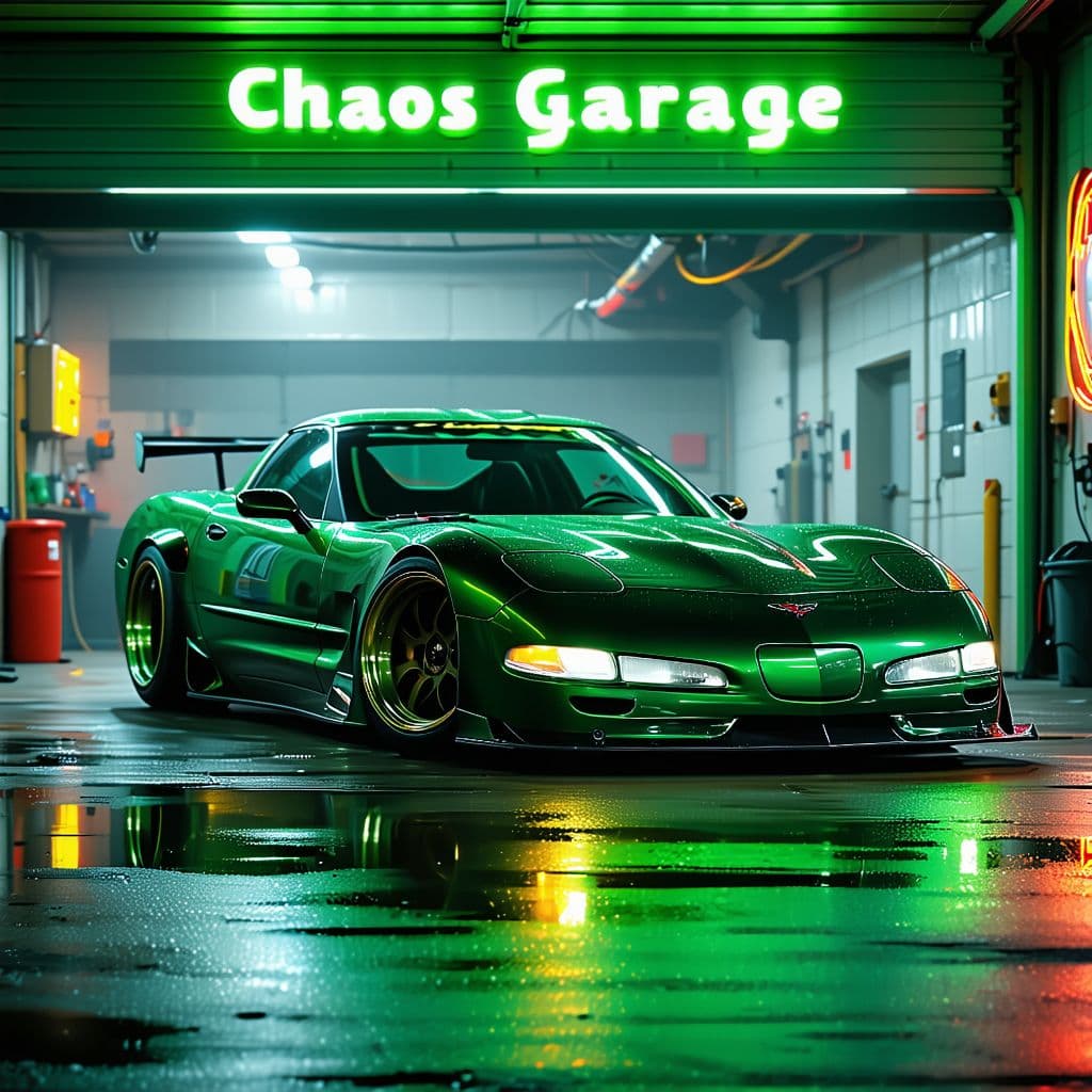 AI generated: General outline of a latest model British racing green 2000 corvette, with glowing headlights, polis...