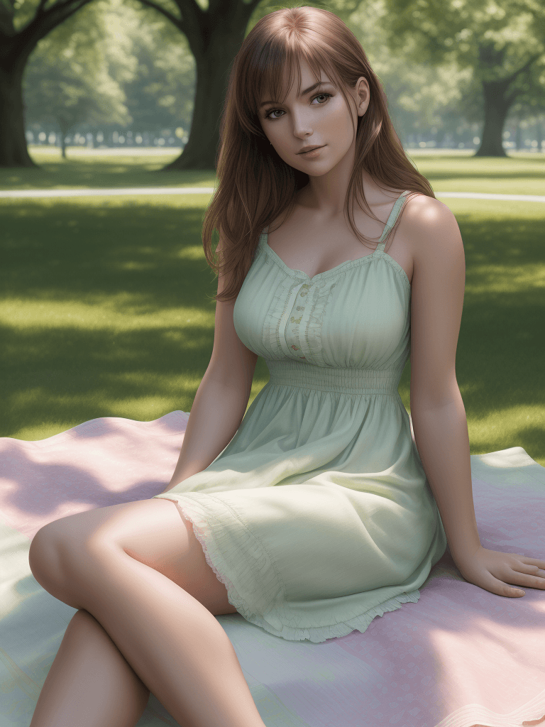 AI generated: high-resolution photo of a beautiful woman wearing a summer dress sitting on a blanket in a park, ph...