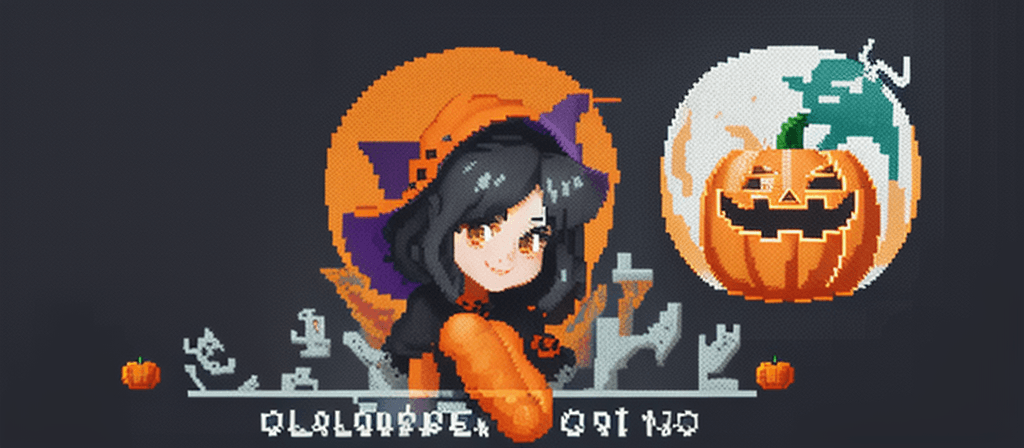 AI generated: Halloween + pixel art banner + pixel art style + cover art style + illustration