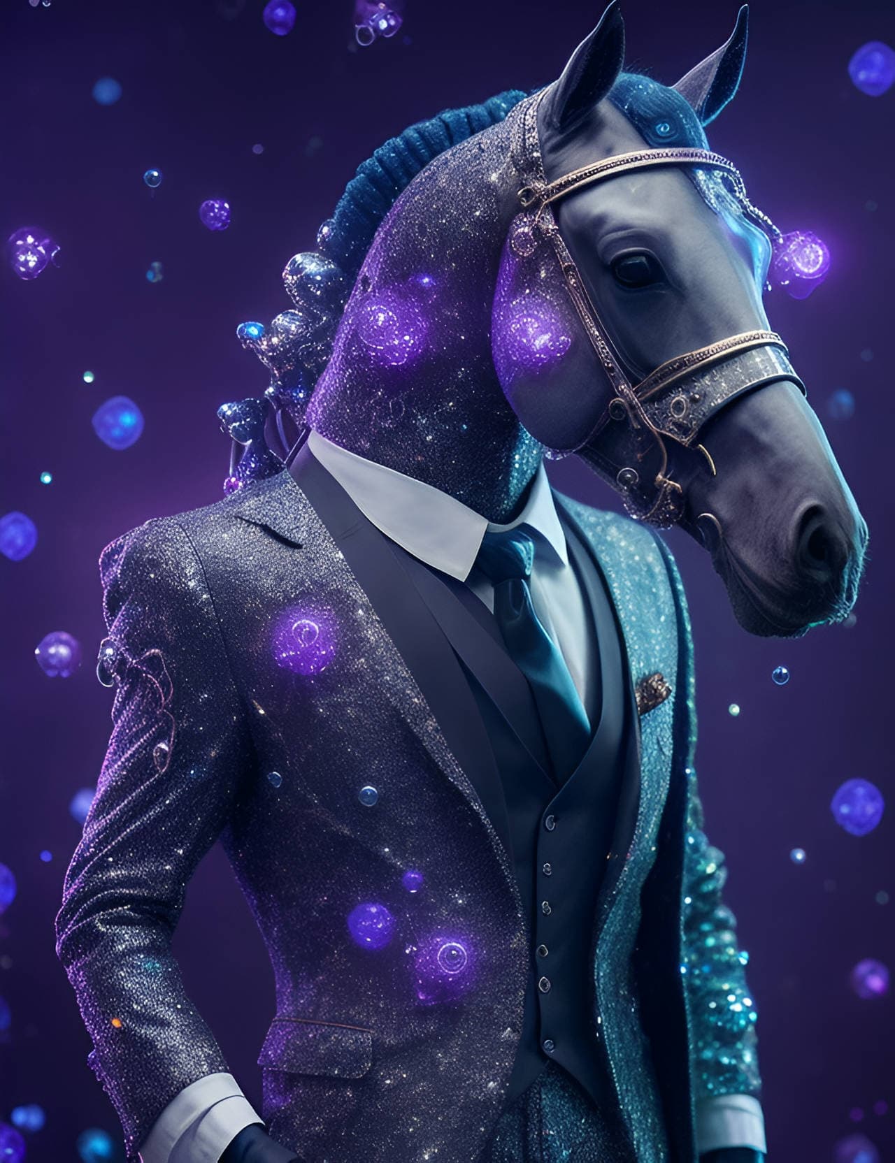 AI generated: anthropomorphic horse with an human body, dressed in a beautiful detailed suit and tie, at a fancy p...