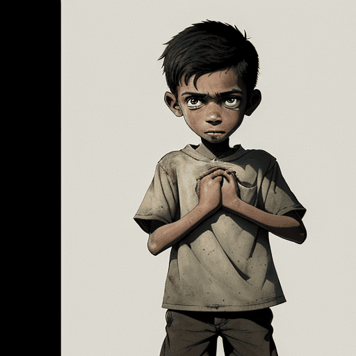AI generated: A poor young boy holds out his empty pockets with his hands while looking at the viewer of the image...