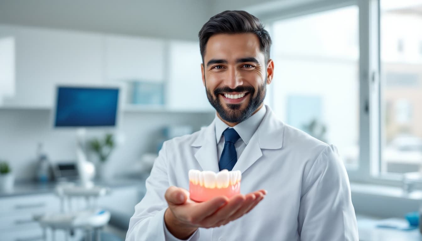 AI generated: A 35-year-old dentist with a short, well-groomed black beard and dark hair, wearing a white coat ove...
