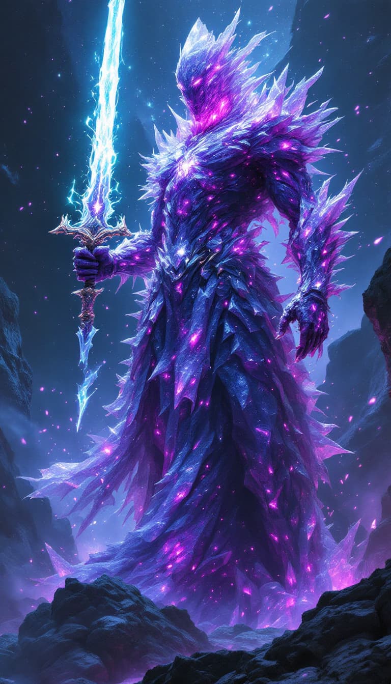 AI generated:  A towering, crystalline warrior with shards of glowing amethyst embedded in their body, wielding a ...
