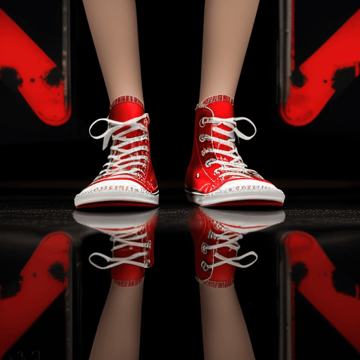 AI generated: photograph, productive, converse red shoes, camouflage pattern, black, spectacular reflection, neon