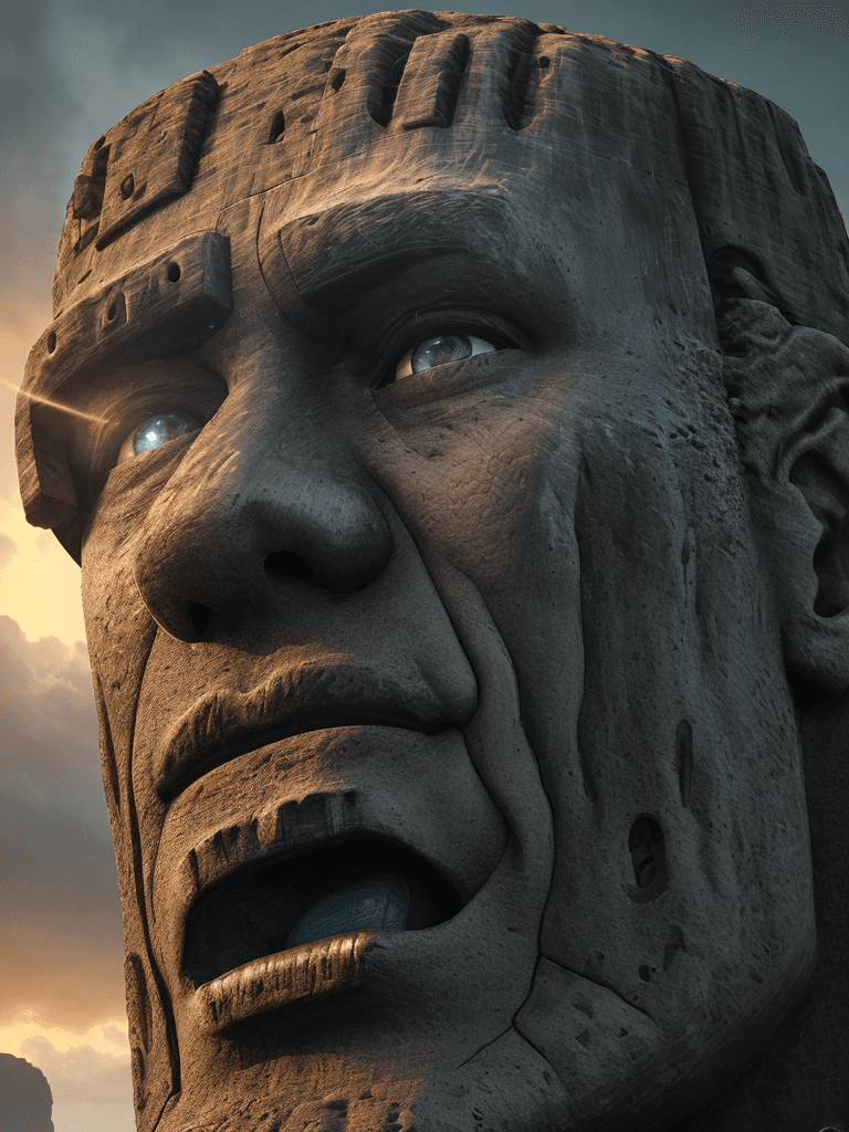 AI generated: Photo of a ultra realistic moai, one of the famed, giant stone, dramatic light, cinematic lighting, ...