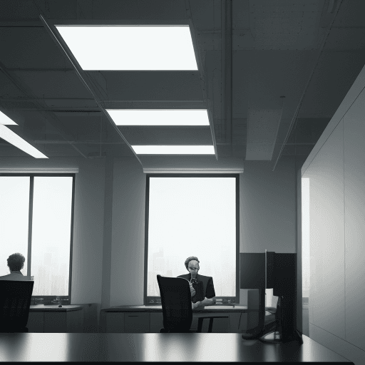 AI generated: white people talking in office. symmetrical, cinematic, hyper realism, high detail, inside light, 8k