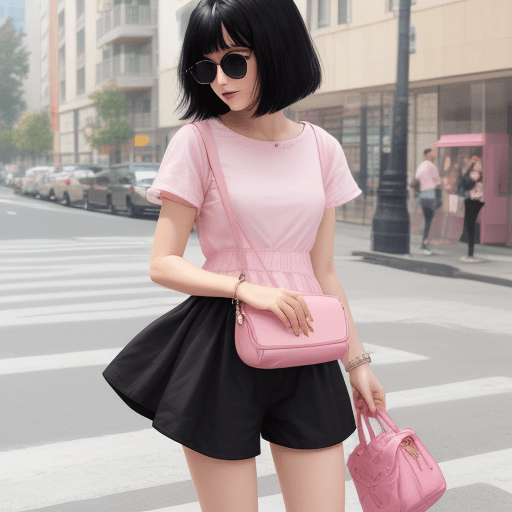 AI generated: Black hair , shorts dress pink bag black jeans

