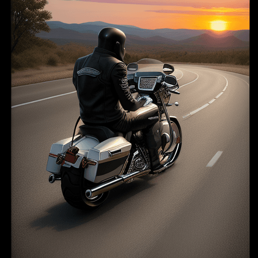 AI generated: picture ultra realistic biker on a harley davidson motorcycle on the road 66 sunset side view --ar 4...