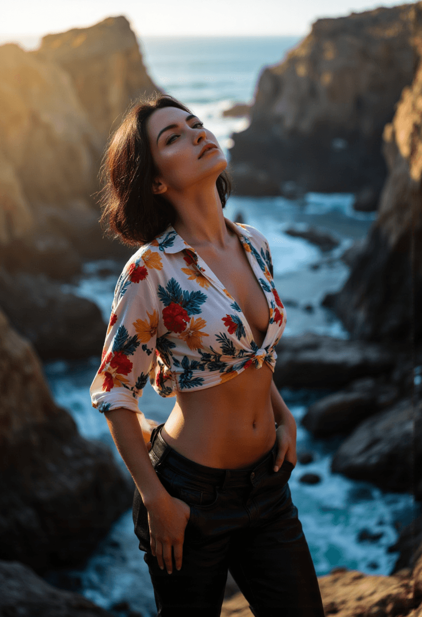 AI generated: A half-body shot of a young, thin woman with muscular abs, short messy black hair, and tanned skin t...