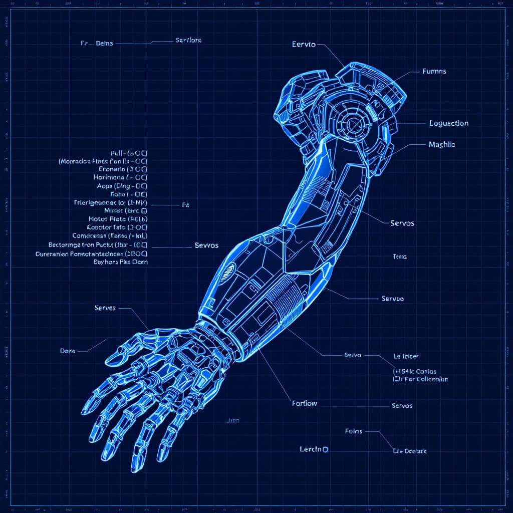 AI generated: “A blueprint of a futuristic robotic arm, labeled joints and servos, digital design grid background ...