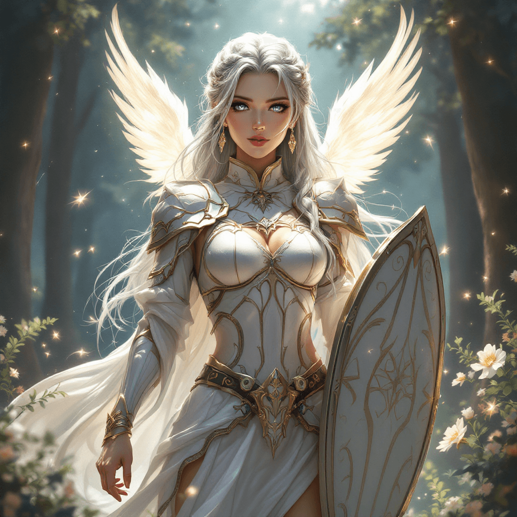 AI generated: 5. The Celestial Huntress: A powerful warrior with long, flowing, silver hair, often styled in a pra...