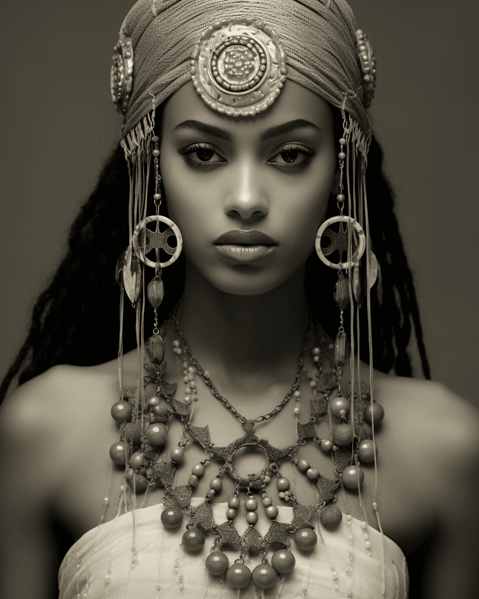 AI generated: vintage photograph of an african american woman with necklace and earrings, in the style of fantasy-...