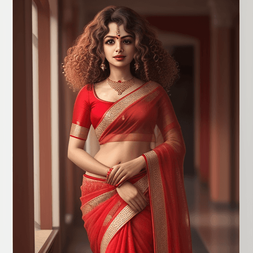 AI generated: a women in red saree and curly hair
