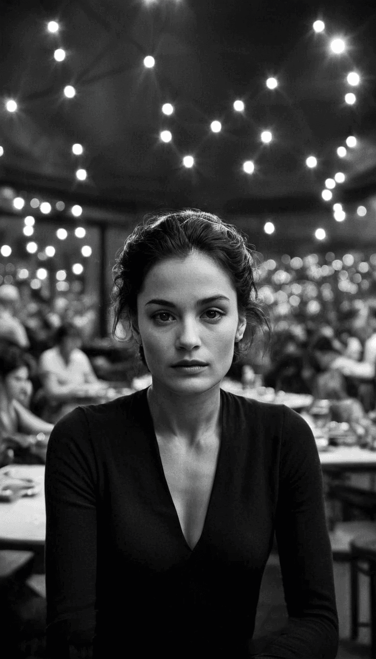 AI generated: black and white photography, fashion editorial, a dark shorthaired beautiful woman in night cafe, su...