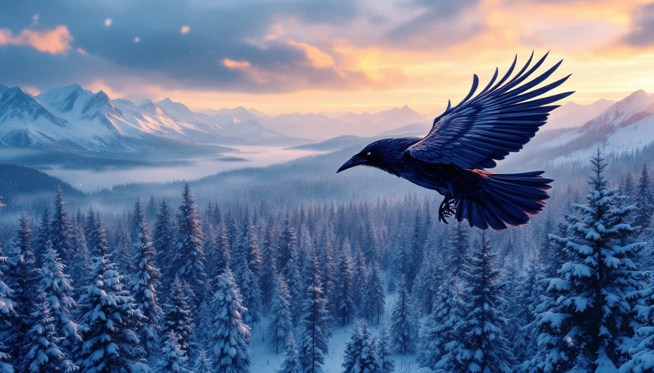 AI generated: A curved black crow soaring across the sky, overlooking the forest canopy above a vast, snow-covered...