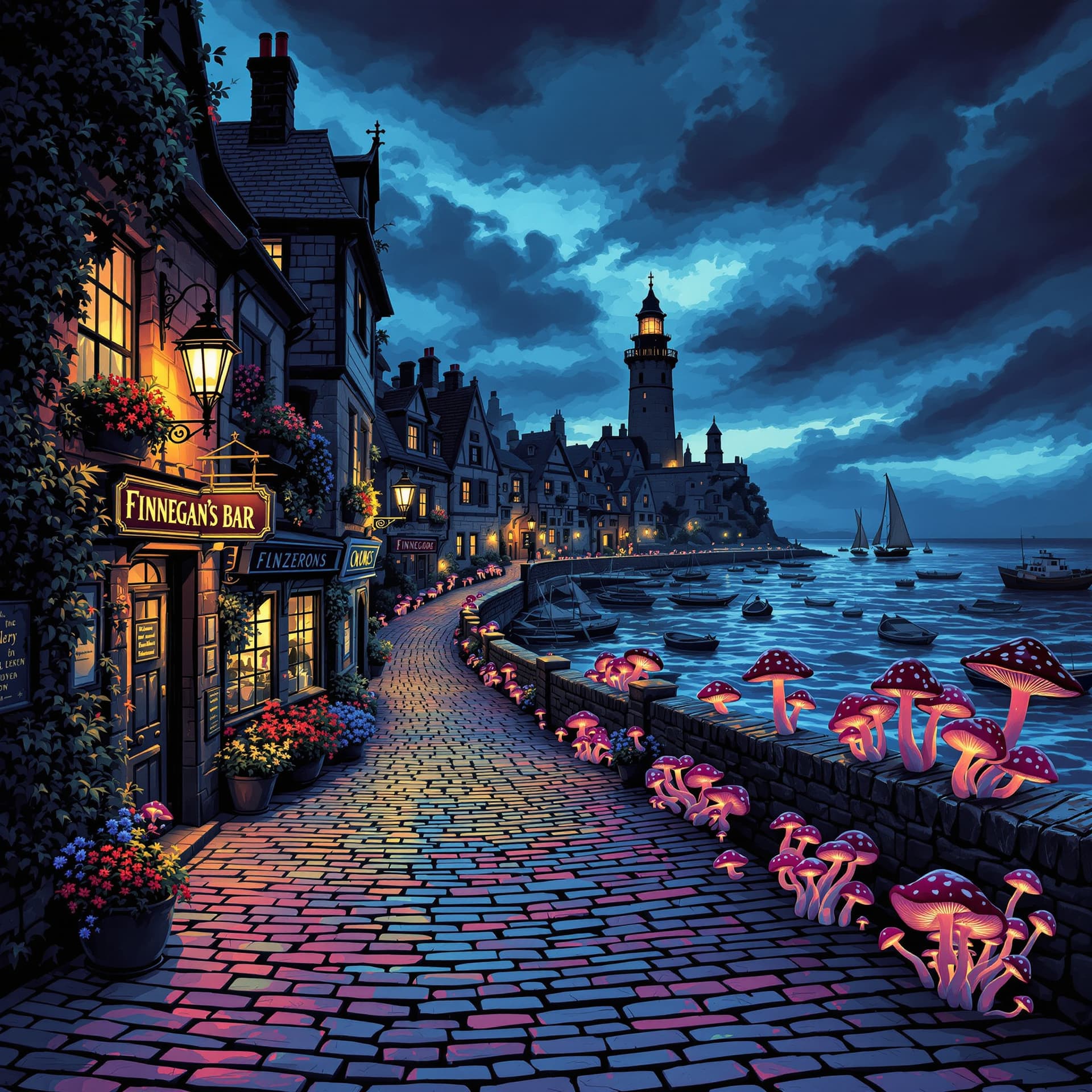 AI generated: A trippy, surreal, psychedelic, captivating dark fantasy illustration of a picturesque European-styl...