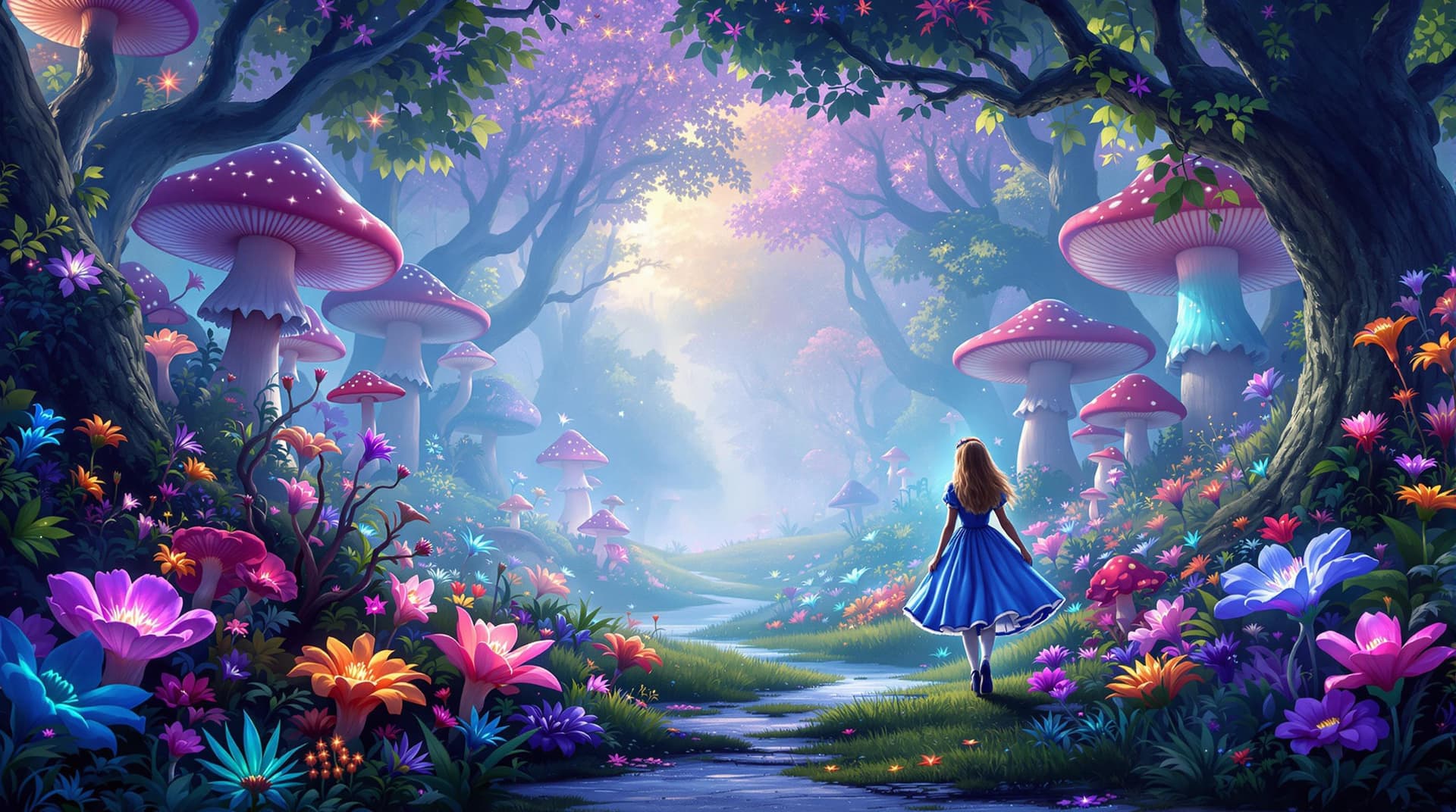 AI generated: Alice in Wonderland, walking throught a surealism Wonderland with giant mushrooms, glowing plants, e...