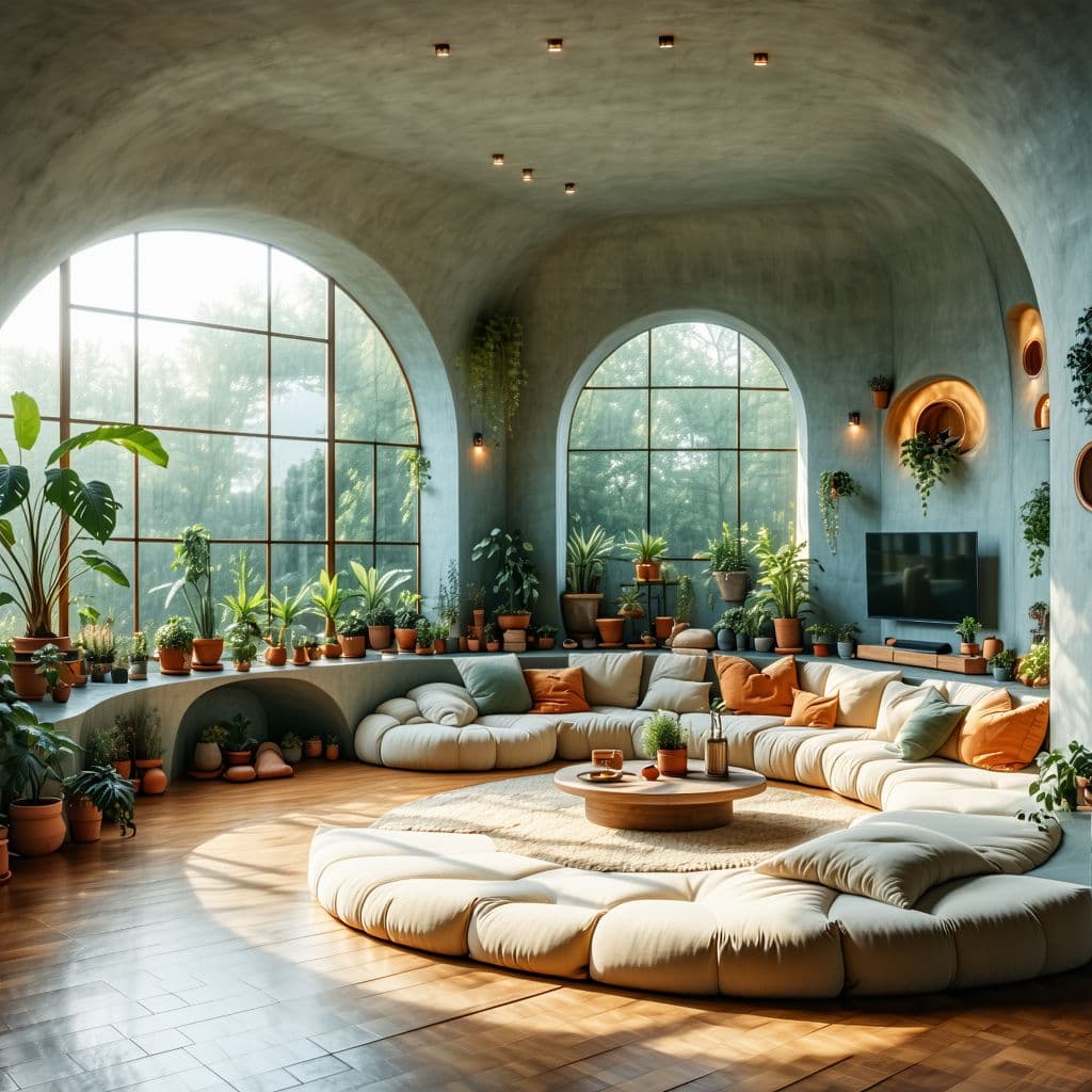 AI generated: High resolution photography interior design, dreamy sunken living room conversation pit, wooden floo...