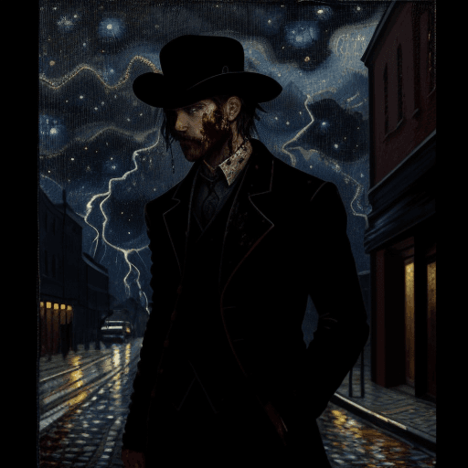 AI generated: oil painting of a male murderer silhouette on the street, style of van gogh, starry night vibes, blo...