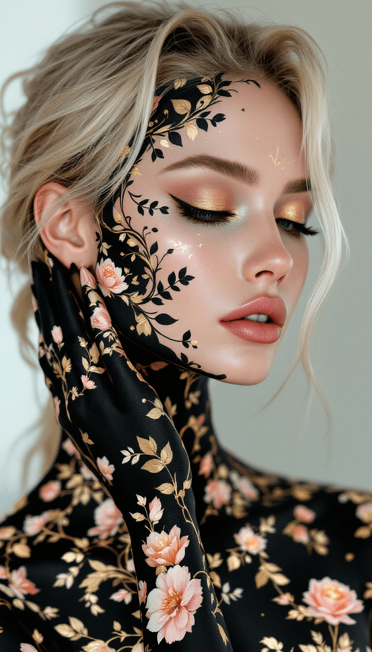 AI generated: A hyperrealistic image of a woman with an elaborate body paint design featuring delicate floral moti...