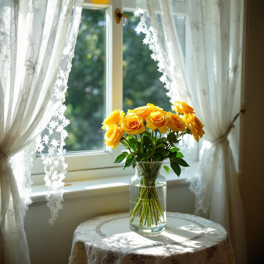 AI generated: A clear vase filled with yellow roses on a small round table with a lace tablecloth near a window sh...