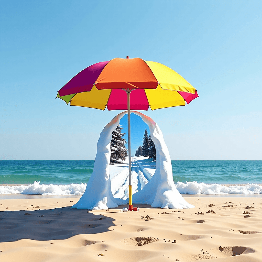 AI generated: A brightly colored sun umbrella stands upright on a sunny beach, but stepping beneath it reveals a s...