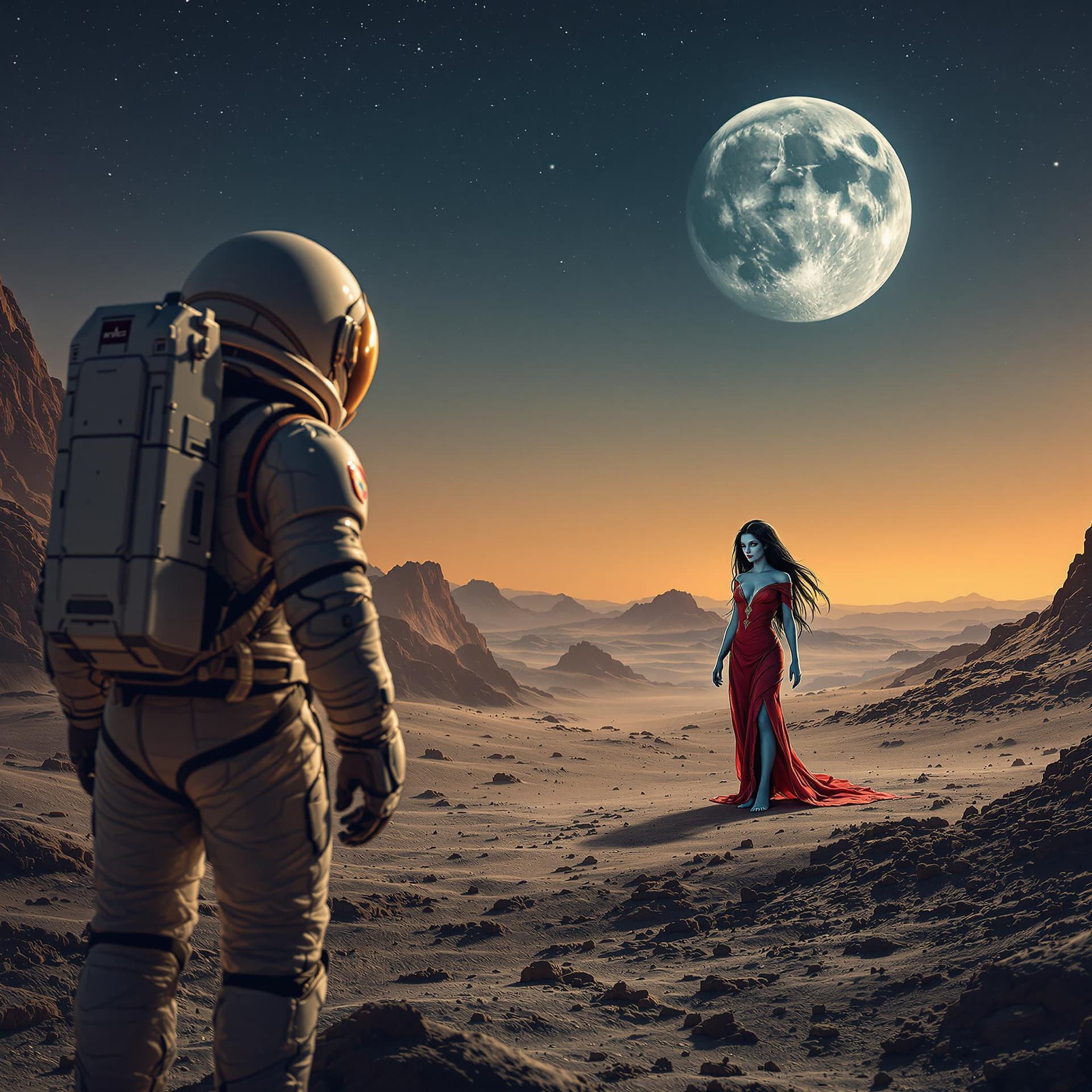 AI generated: An astronaut in a space suit seen from behind, on a desolate planet look a beautiful alien young pri...
