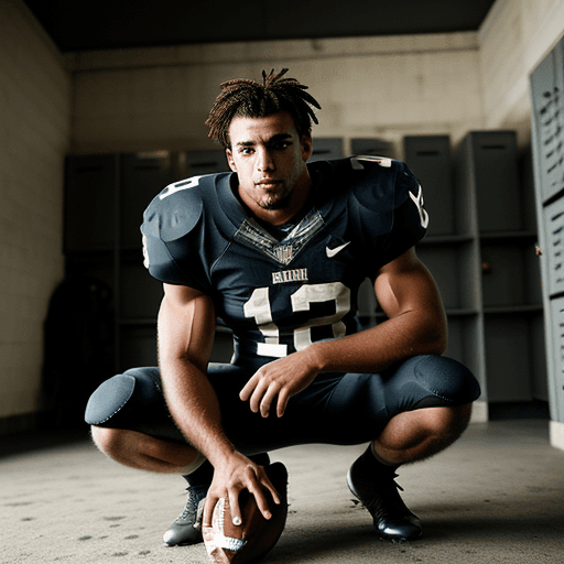 AI generated: american football player, handsome rugged face, crouching in football uniform, holding a football. h...