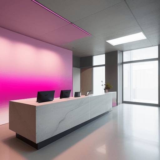 AI generated: architectural photography, perspective, interior space, vertical light panels transition from pink t...