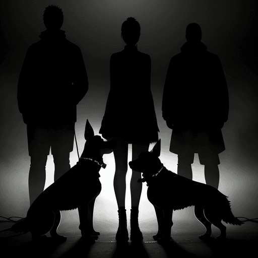 AI generated: photography, front view, realism lights, a thick fog effect, some people and dogs silhouette --chaos...