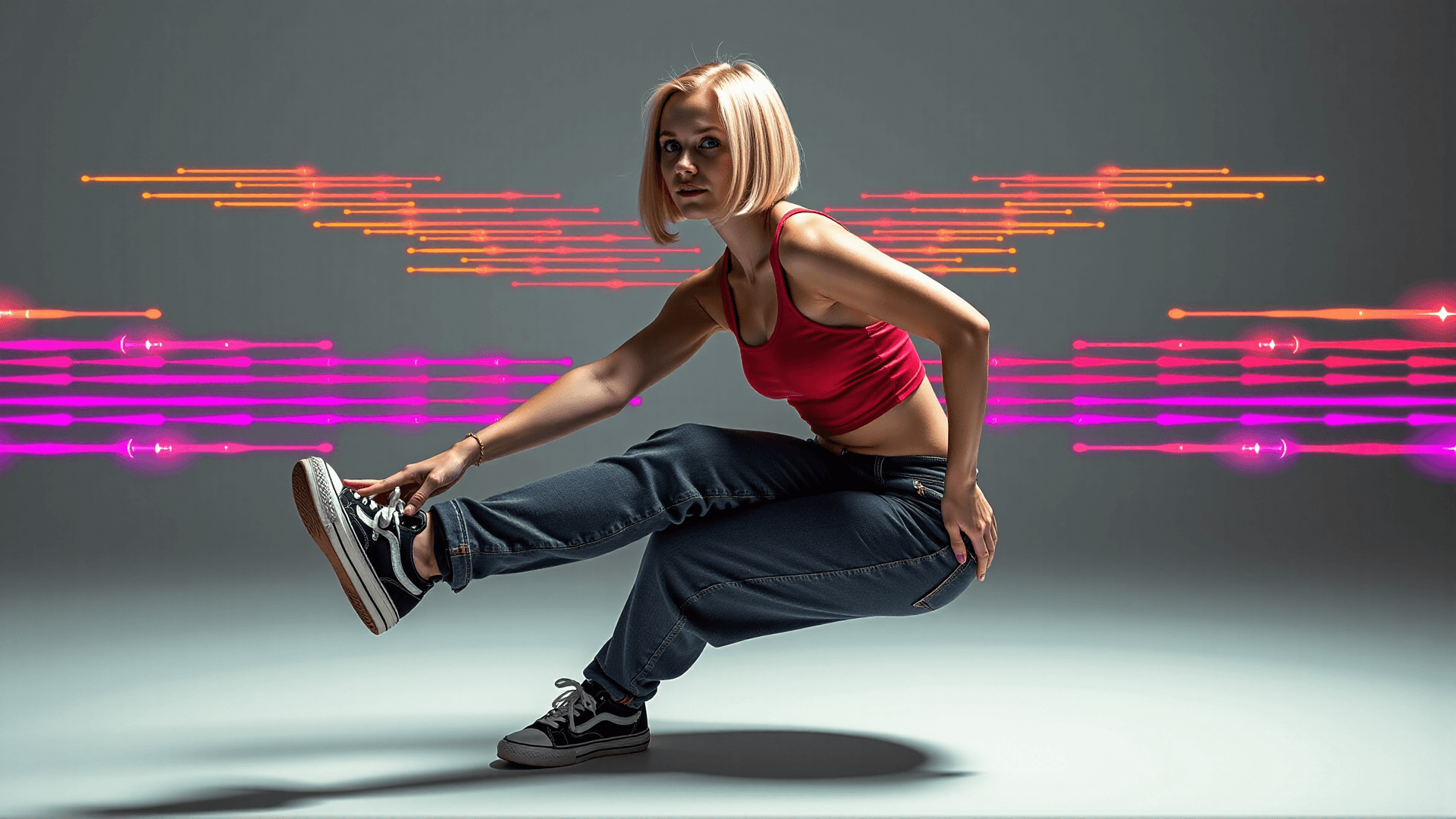 AI generated: Photostil: Pop-Art-Ãsthetik mit klaren Linien und dynamischen Formen. Eine junge Frau (20-25 Jahre,...