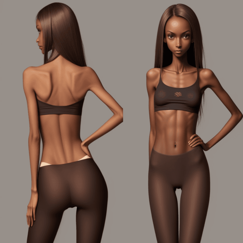 AI generated: extreme beautiful skinny brown skinned  slender face of skinny (almost anorexic) girl without a bra ...