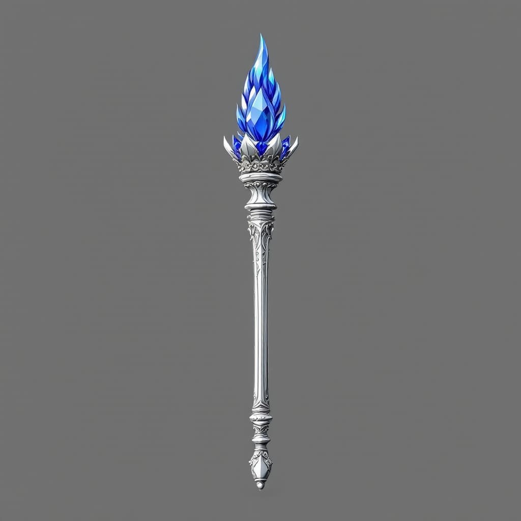 AI generated: Medium-short length, smooth, photo-realistic, royal, silver scepter, rounded bottom and top, multifa...