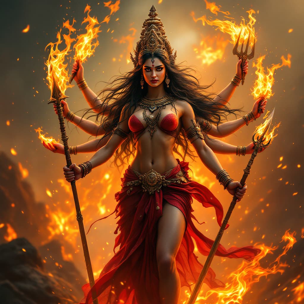 AI generated: Imagine Goddess Durga as a vision of raw, divine beauty, standing amidst a fiery battlefield with he...