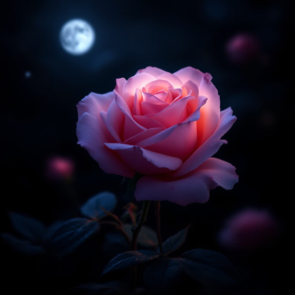 AI generated: A rose was in motion slowly slowly dark night shining moon beautifull nature 8k inhanved
