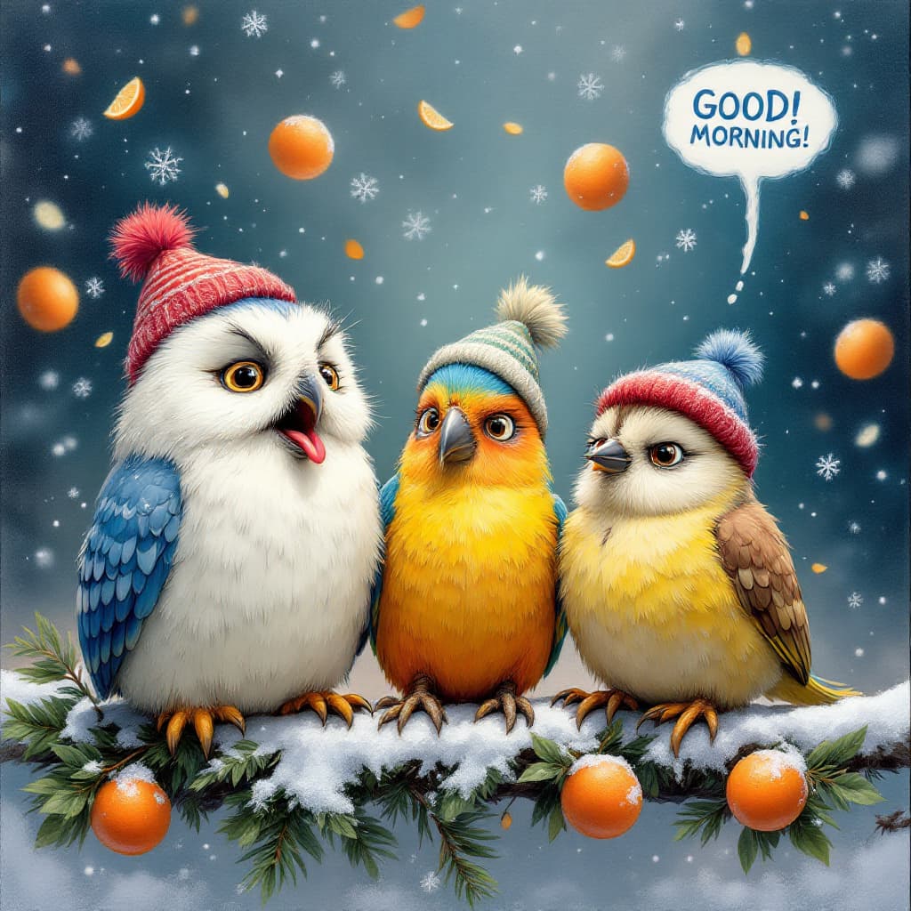 AI generated: Airbrushed oil painting in Disney Pixar style depicting three funny cartoon birds polar owl, colorfu...