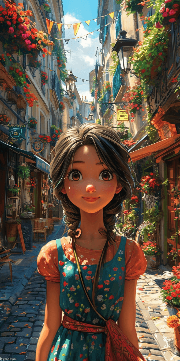 AI generated: an illustration of a girl walking down a street, in the style of disney animation, pre-world war ii ...