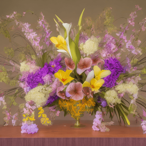 AI generated: wide angle photograph of a large and bountiful orchid and wild blossoms arrangement being displayed:...