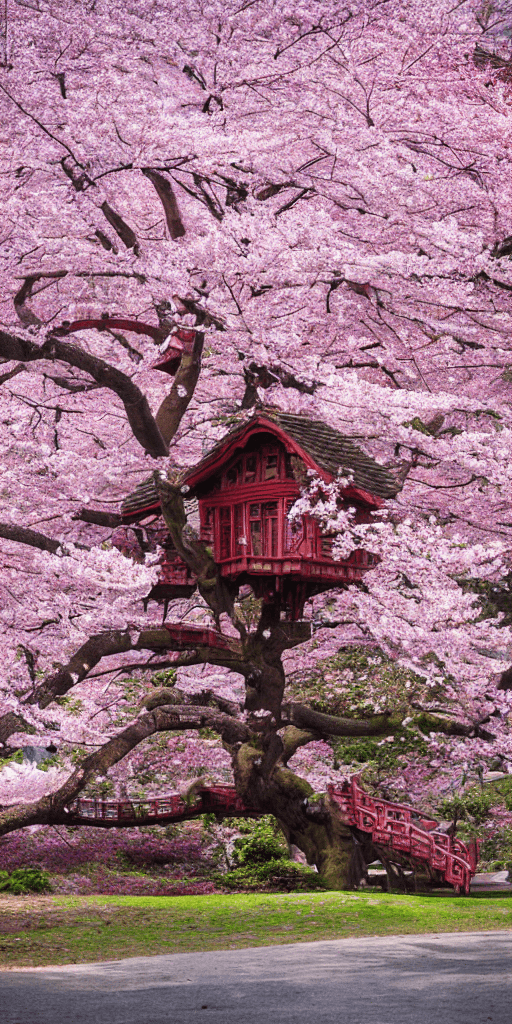 AI generated: THE CHERRY BLOSSOM TREE HOUSE :: beautiful ornate treehouse in a gigantic pink cherry blossom tree :...